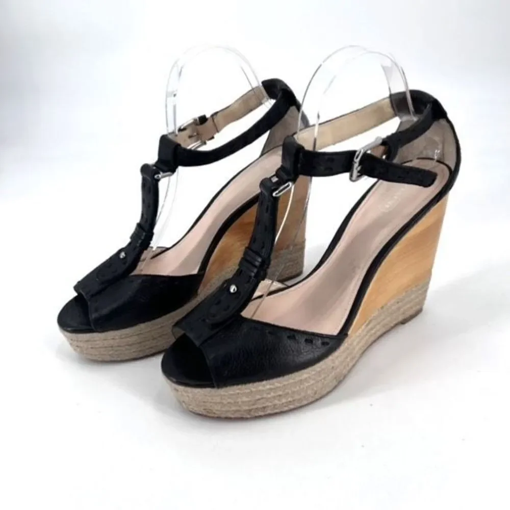 Coach Gala Black Leather Wedges Espadrille Wood Size 10 Peep toe T Strap Sandals
